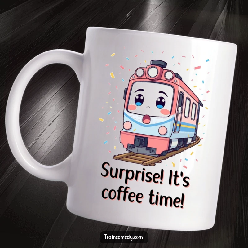 Funny train mug featuring a surprised locomotive covered in falling confetti, a humorous and festive design for a surprise lover.