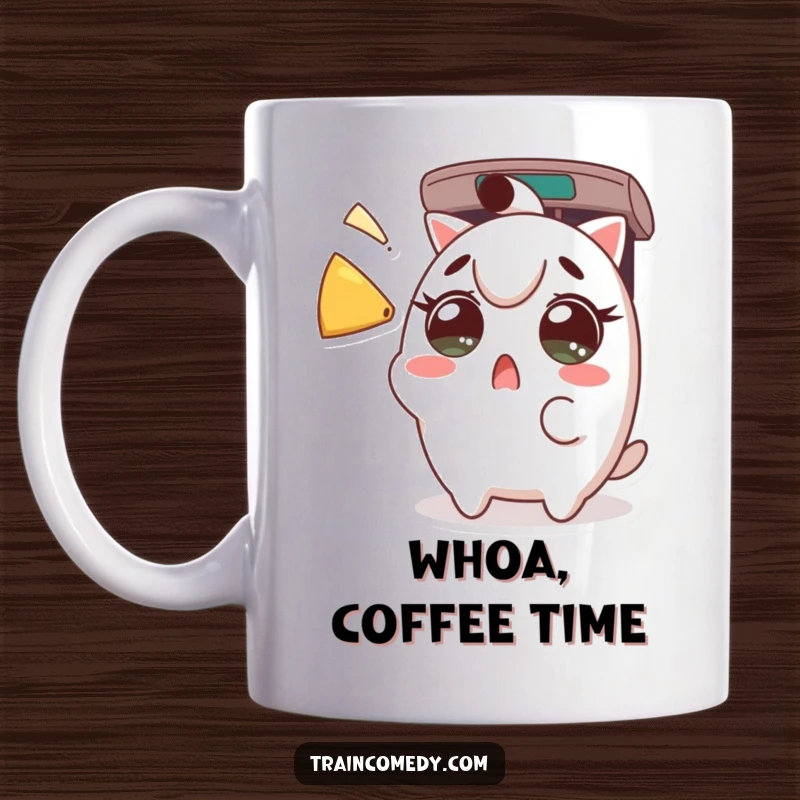 Funny Mug: Surprised Kawaii character with wide eyes reacting to a loud train horn blast, perfect funny gift.