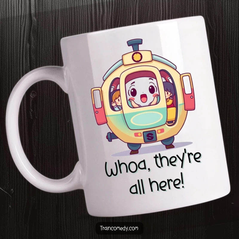 Funny mug featuring a surprised, round train car with doors open, showing colorful passengers inside, a delightful and humorous gift.
