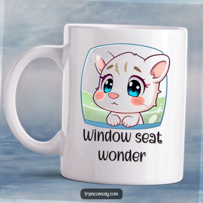 Funny mug showing a cartoon character with its nose pressed against glass, intensely watching the scenery outside with wide, curious eyes.