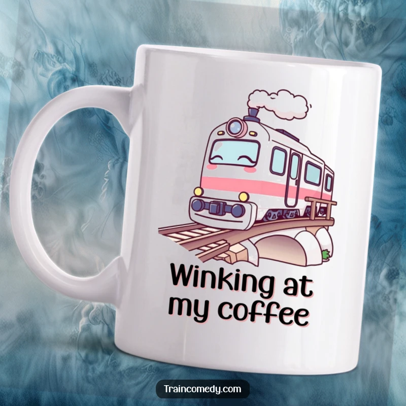 Funny Kawaii Train Mug: A kawaii train winks playfully as it crosses a bridge, full of charm and mischief.