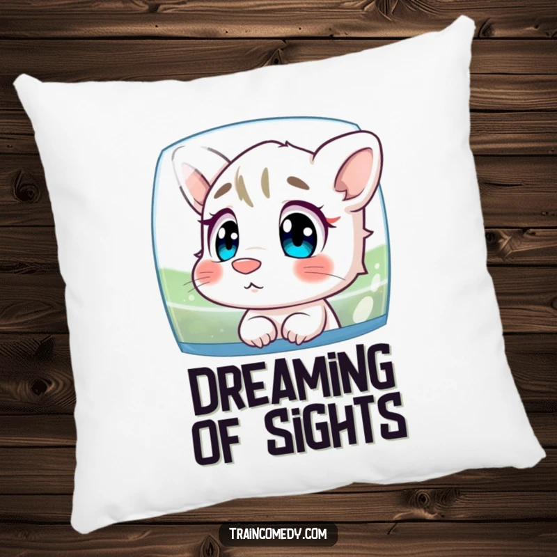 Funny decorative pillow featuring a character with its nose squashed against glass, intently watching the scenery, adding a whimsical touch.