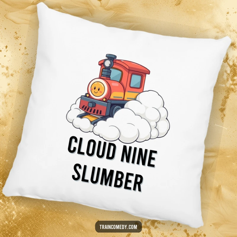 Funny pillow featuring a train character playfully bumping into soft, fluffy clouds, adding a touch of cozy comfort and whimsical charm.