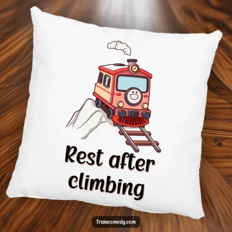 Determined train character chugging up a steep incline, designed for a soft and motivational pillow.
