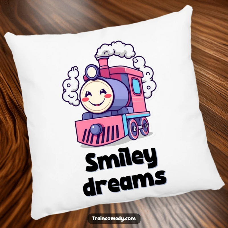 Funny pillow featuring a happy train engine character blowing smoke rings shaped like cheerful smiley faces, offering cozy and cheerful humor.
