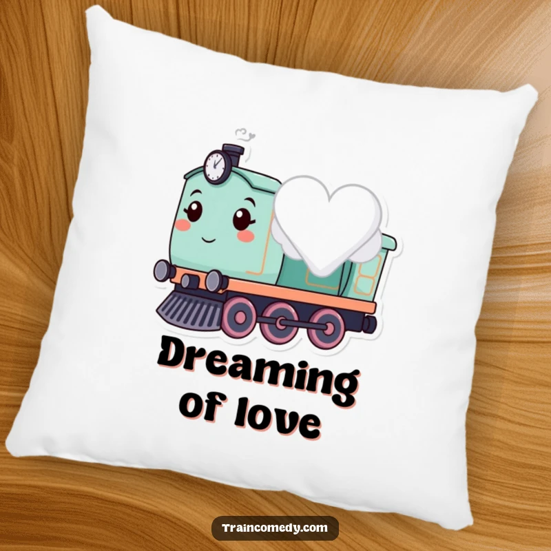 Cute train character puffing a heart cloud, designed for a soft and romantic pillow.