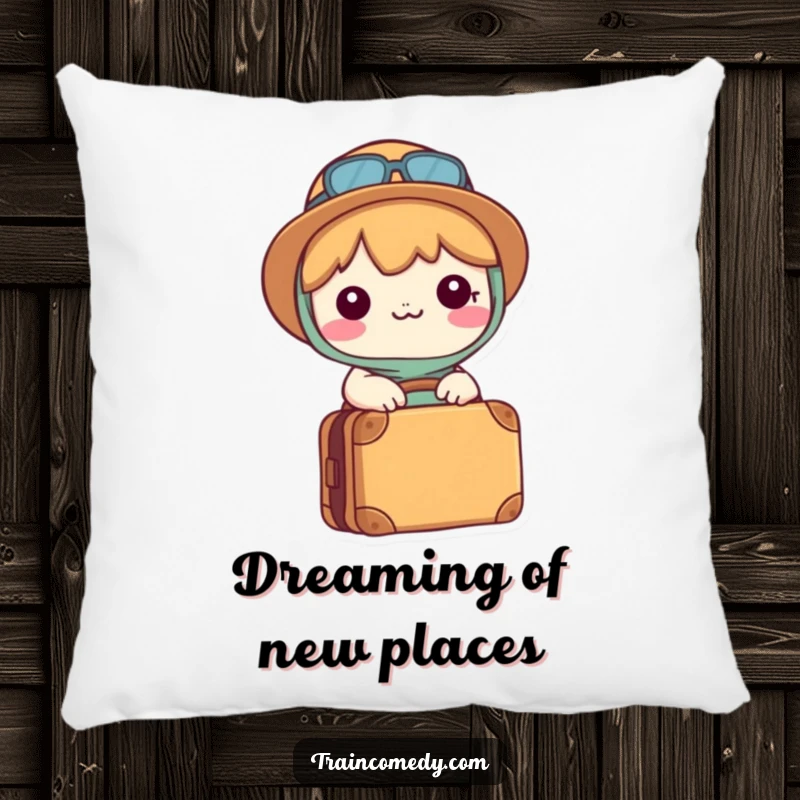 Funny Kawaii pillow featuring a happy character with a packed suitcase, ready for exciting adventures and cozy naps.