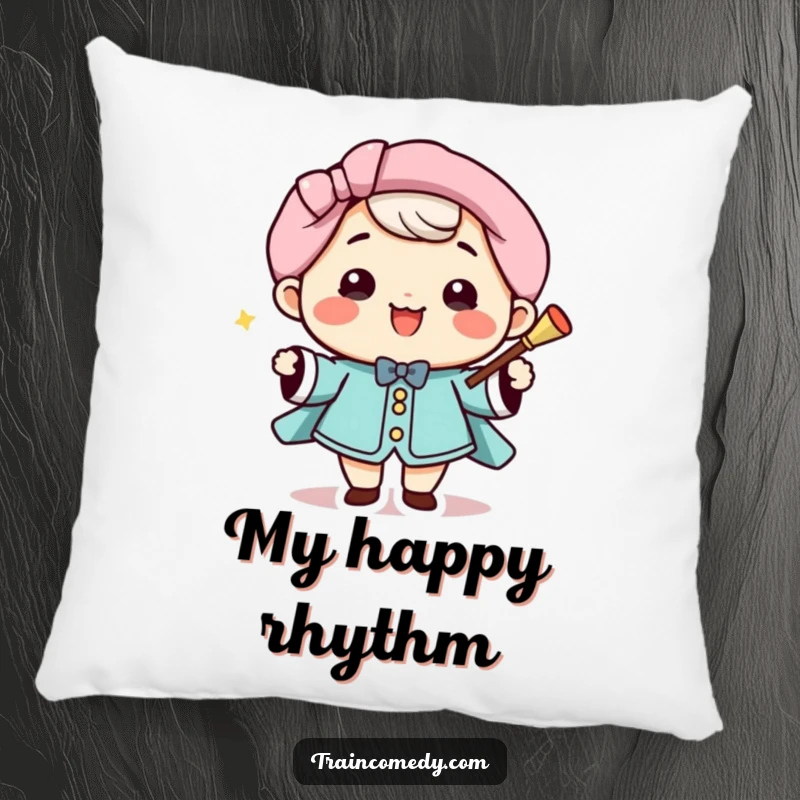 Funny Pillow: Cute Kawaii conductor smiling with a baton, bringing comfort and joy, a perfect funny gift.
