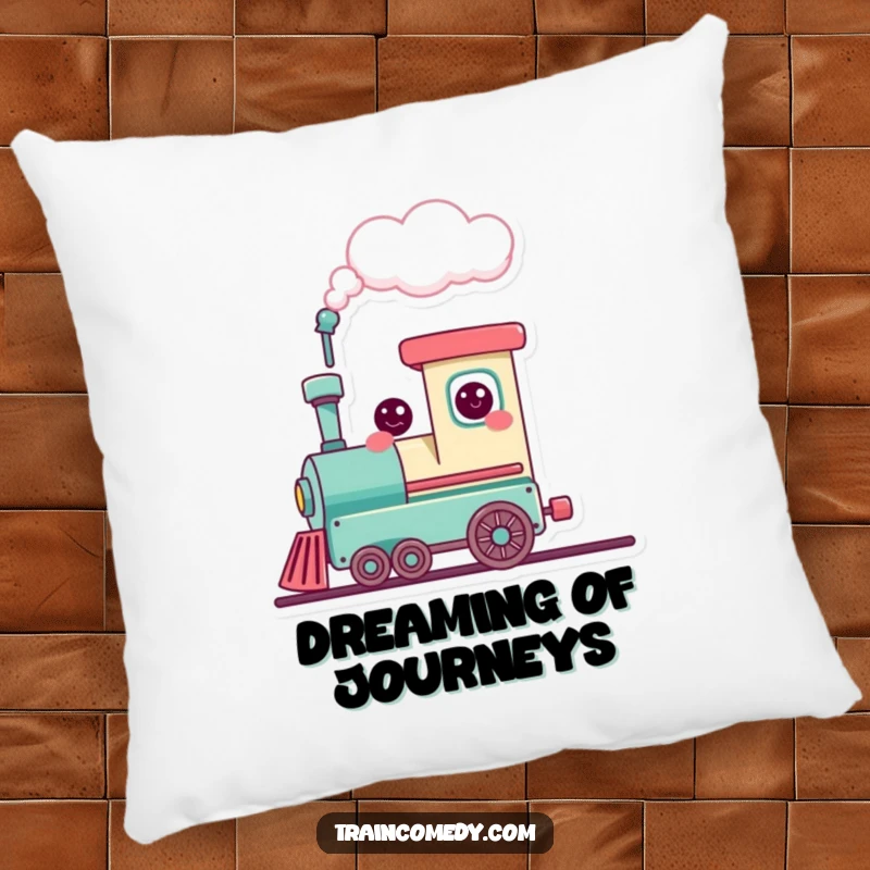 Funny cute train character with a smiling face puffing a heart-shaped cloud, perfect for adding cozy and humorous love vibes, a delightful pillow.