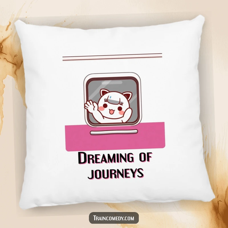 Funny Pillow: Cute Kawaii character waves happily from a train window, adding comfort and charm, a perfect funny gift.