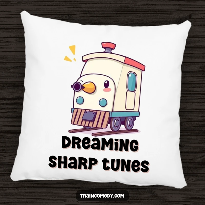 Funny pillow featuring a whimsical pencil character comically acting as a train whistle, bringing cozy and humorous inspiration.