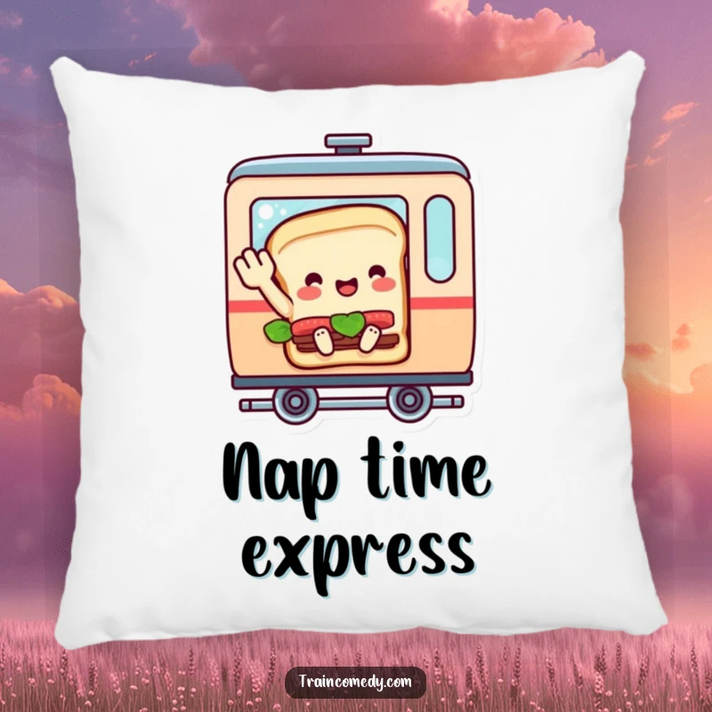 Funny pillow featuring a sandwich character inside a train car, waving a farewell with pure joy, bringing cute and humorous comfort.