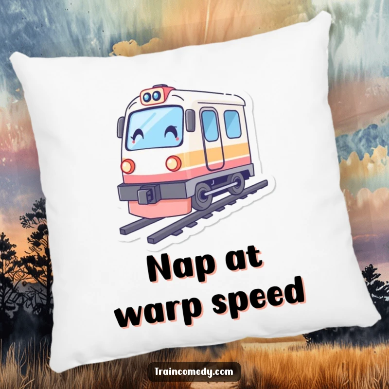 Funny train pillow, character tilted as if accelerating rapidly, symbolizing speed and forward progress.