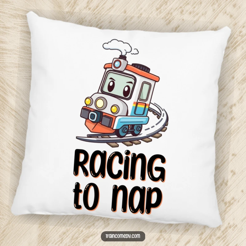 Funny kawaii train character determinedly speeding around a bend, designed as a comfortable and energetic pillow.