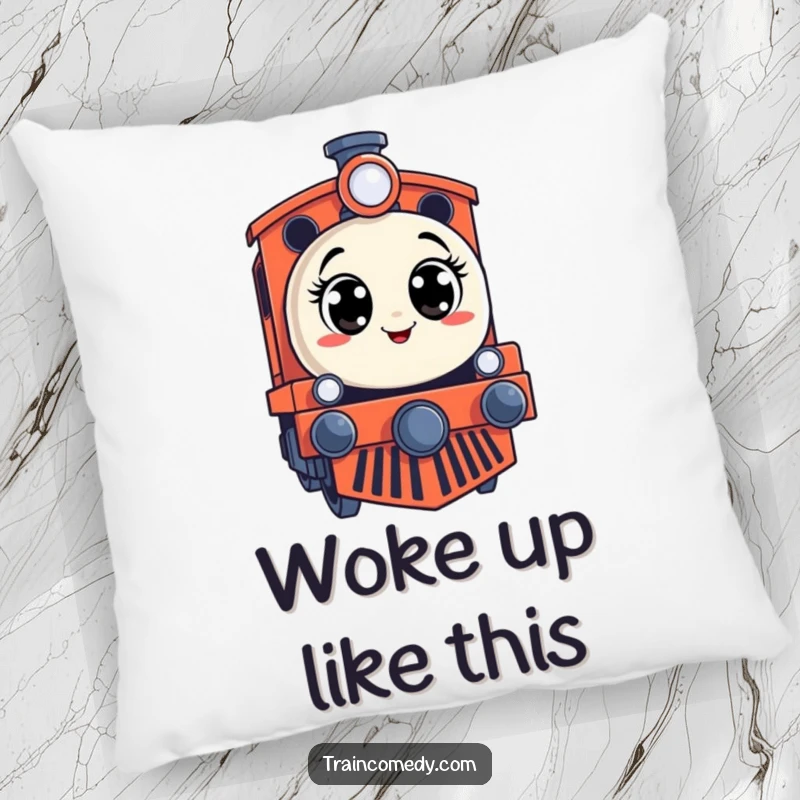 Funny pillow featuring a stylized train engine with a comically surprised expression and wide eyes, adding playful charm.