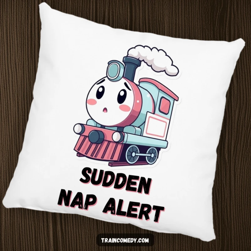 Funny kawaii train engine puffing steam with a surprised face, designed for comfortable and humorous decor.