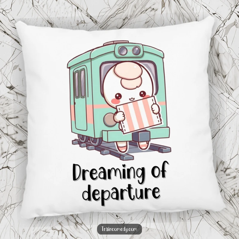 Soft pillow featuring a playful character holding a striped ticket, ready to board a whimsical train, adding comfort and a sense of adventure.