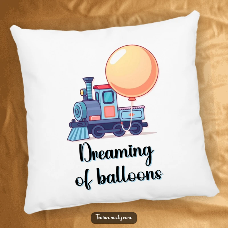 Soft funny pillow featuring a train engine with a large, bouncing balloon tied to its front, perfect for decor.