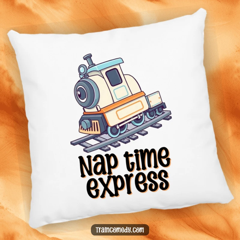 Playful train character doing a cartwheel on its tracks, designed for a soft and funny pillow.