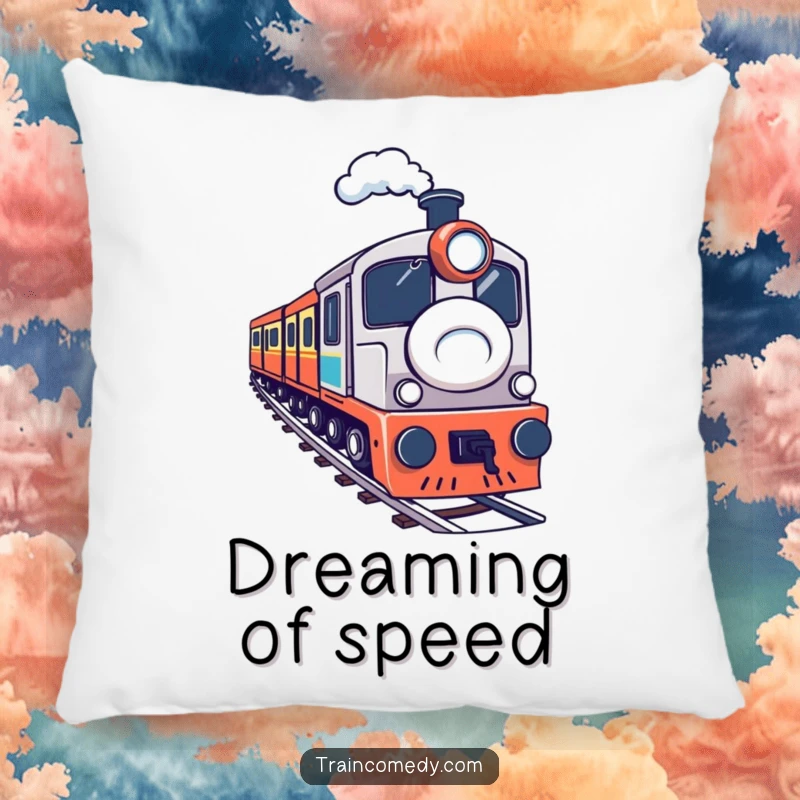 A determined train navigating a sharp curve, depicted on a soft and humorous decorative pillow. A charming funny gift.