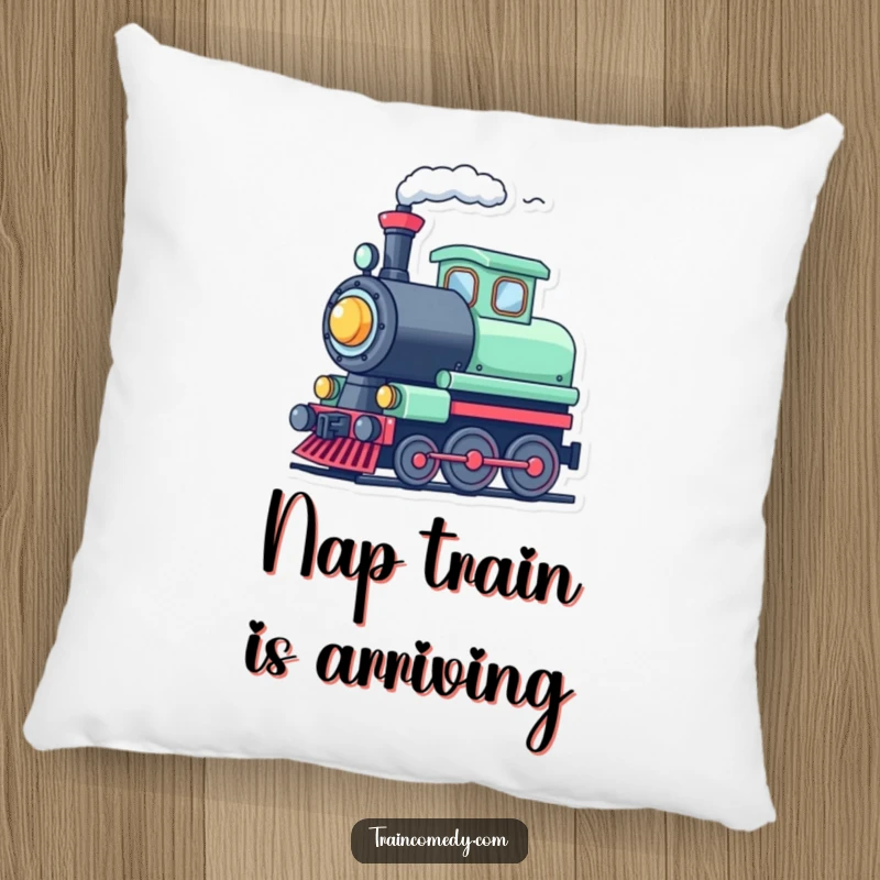 Funny cute train character tooting its whistle with steam, featured on a comfortable and humorous decorative pillow.