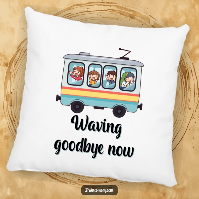 Funny train pillow with oversized windows, passengers waving cheerfully, offering comfort and a touch of whimsical fun.
