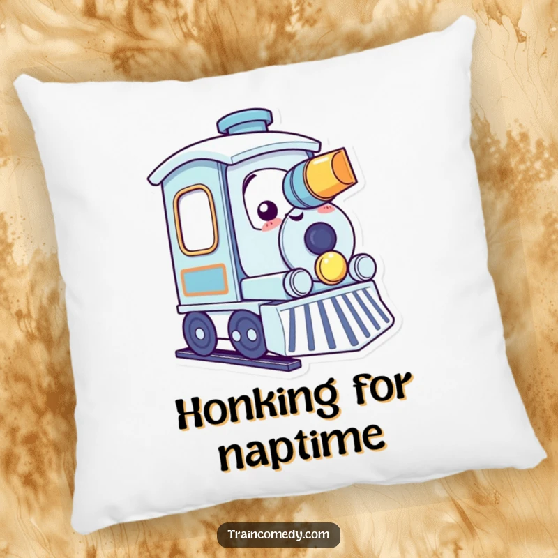 Funny kawaii train character happily tooting its horn with a smile, designed as a comfortable pillow.