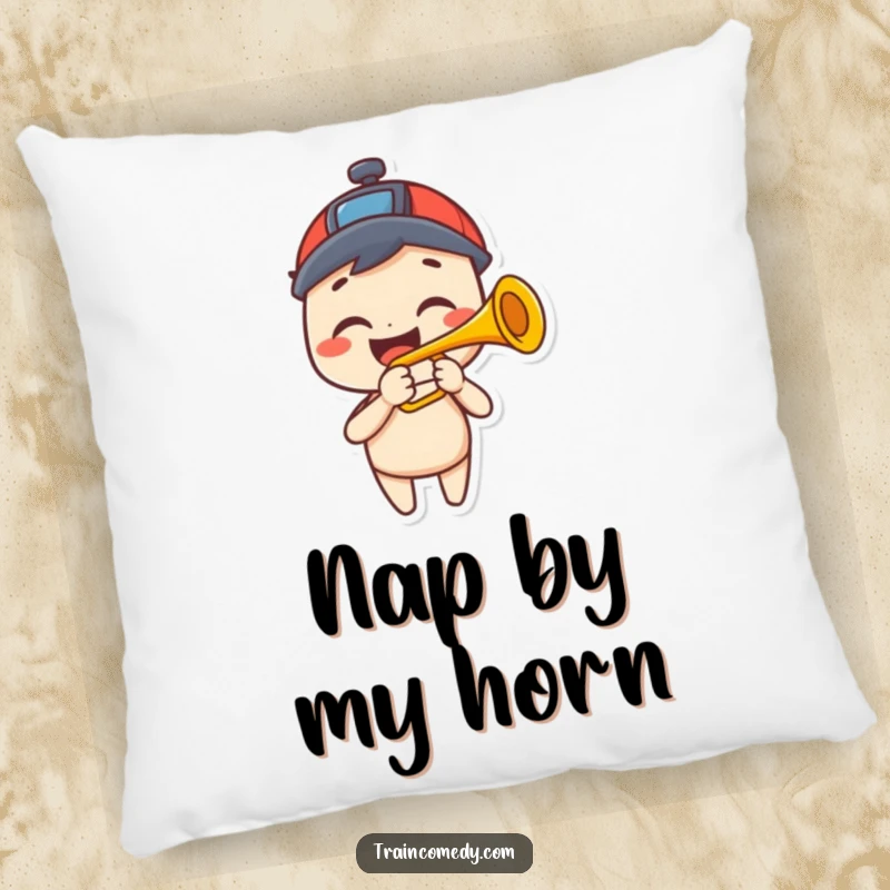Funny decorative pillow showing a happy character with a wide smile playing a trumpet that resembles a train horn.