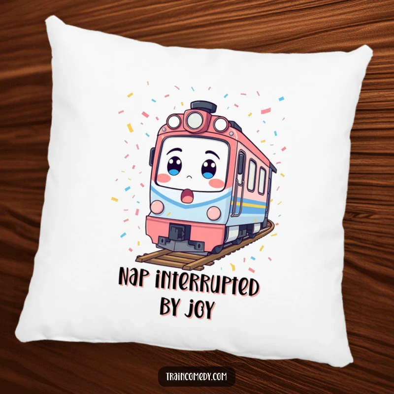 Funny train pillow with a surprised locomotive covered in confetti, offering humorous comfort and a festive decorative touch.