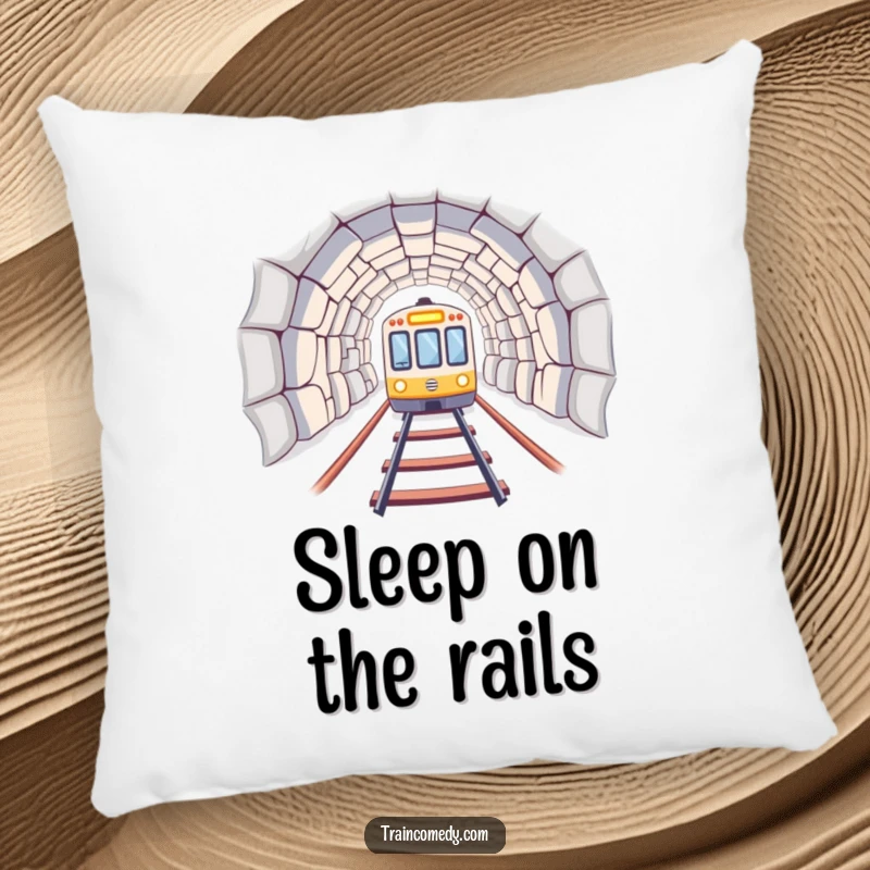 A train car emerging from a tunnel, depicted on a soft and humorous decorative pillow. A charming funny gift.