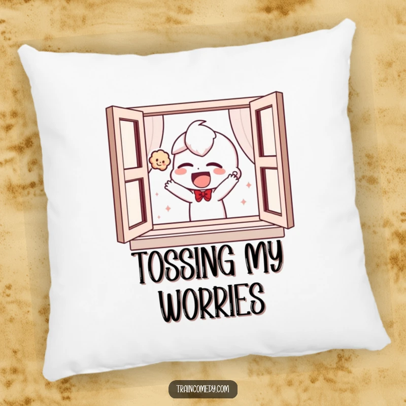 Funny, soft pillow featuring a giggling character playfully tossing a plush toy out of a window, offering comfort and humor.