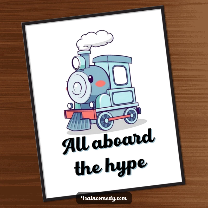 Funny digital art print of a happy cartoon train excitedly chugging along, ready to be printed for wall decor.
