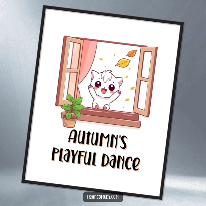 Funny digital art print of a mischievous character comically trying to catch a falling leaf from a window, evoking playful autumn themes.