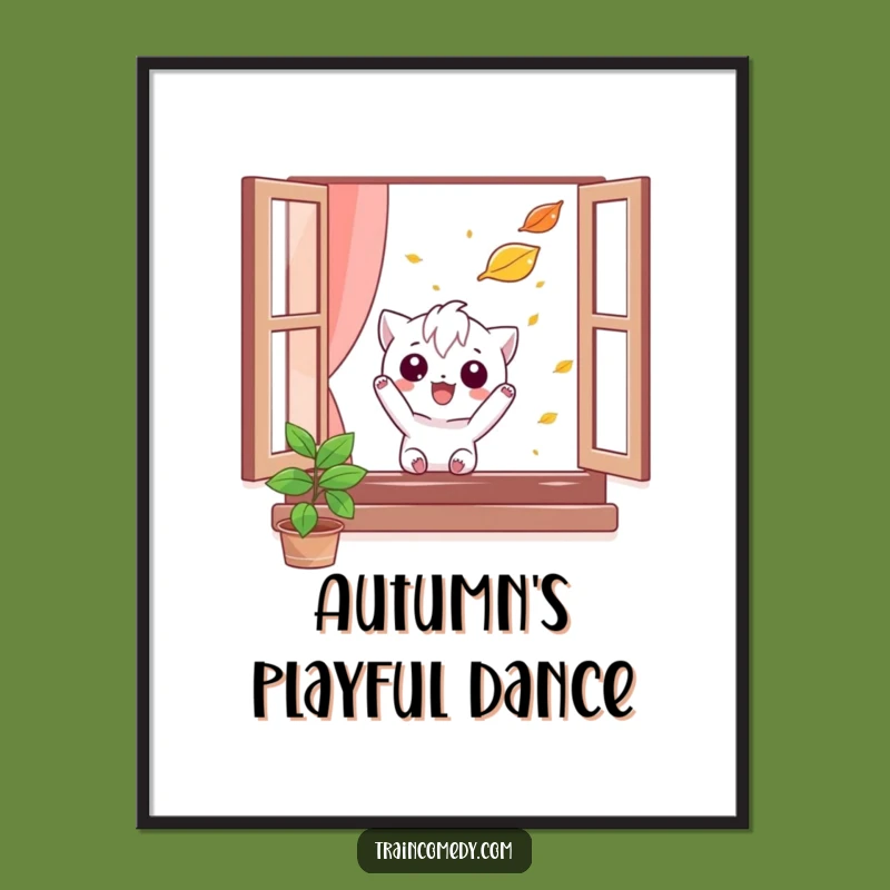 Funny Autumn Chase Art Print: Mischievous character's playful pursuit, vibrant and funny gift for any wall.