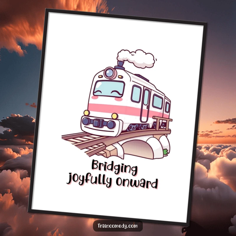 Funny Kawaii Train Digital Art Print: A kawaii train winks playfully as it crosses a bridge, conveying charm.