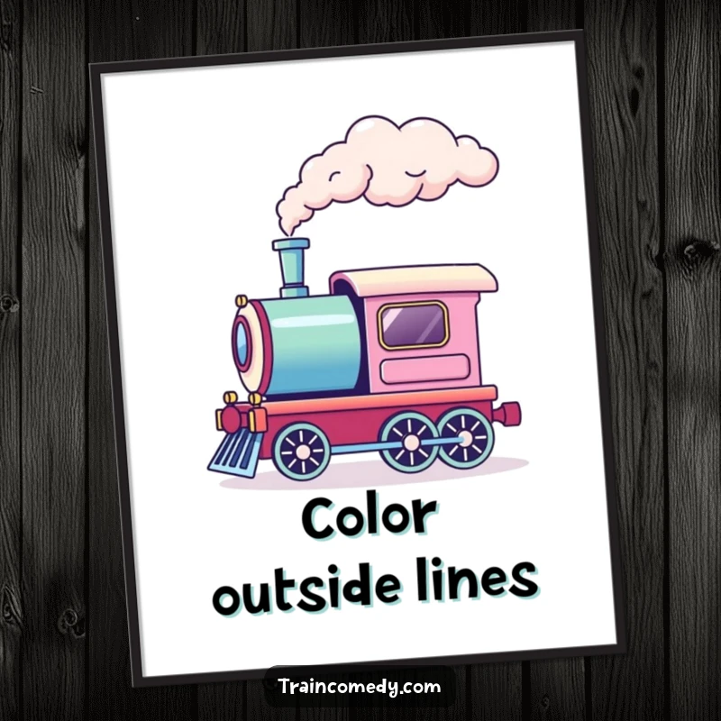 Funny digital art print of a train engine emitting a puff of rainbow smoke. High-quality, magical artwork for instant download.