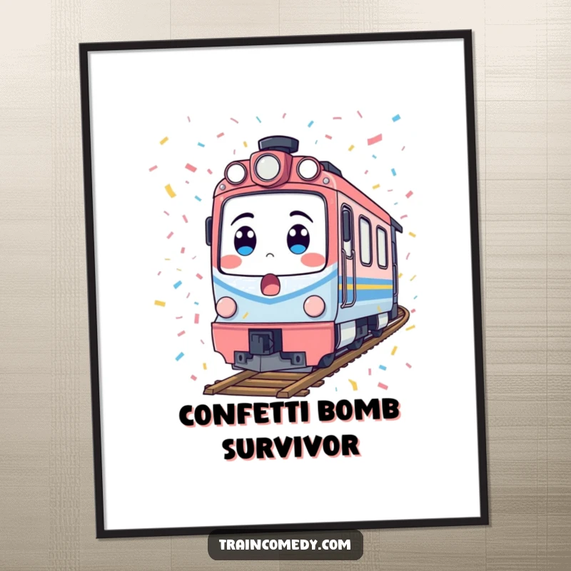 Funny train digital art print of a surprised locomotive covered in confetti, a high-resolution humorous artwork for instant download.