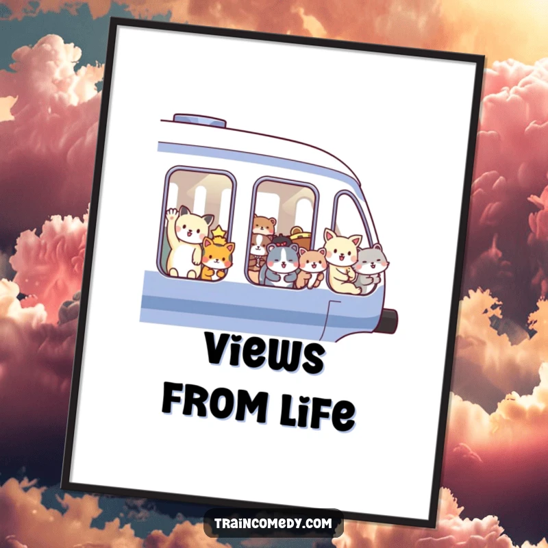 Funny digital art print of a lively train filled with happy animals waving from windows, perfect for instant download and printing. A humorous and charming decor piece.