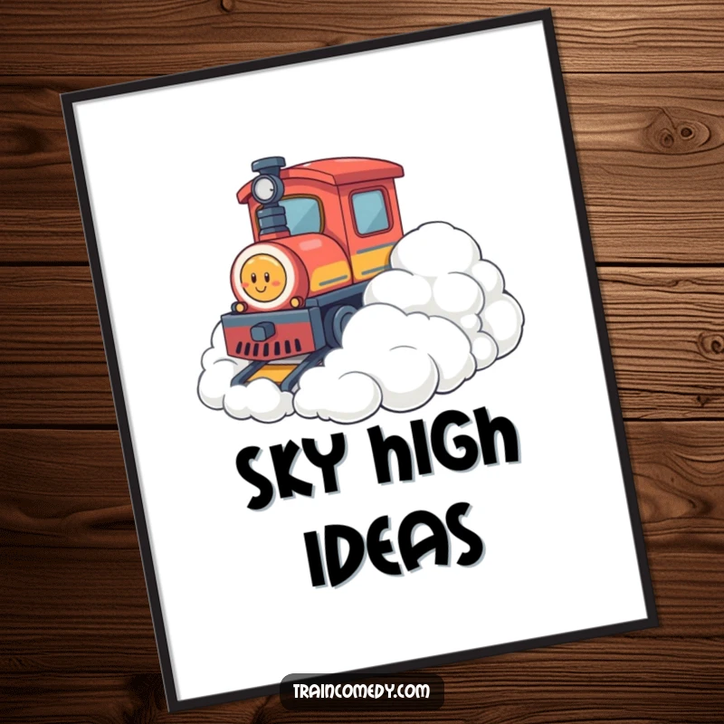 Funny digital art print of a train character playfully bumping into soft, fluffy clouds, offering instant whimsical charm and lighthearted fun to any digital display.