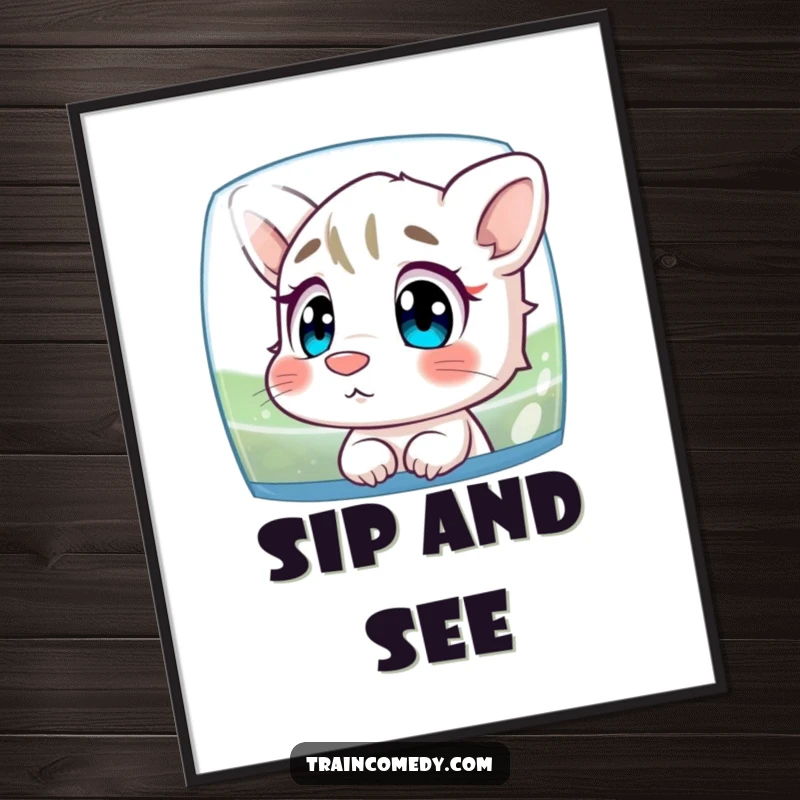 Funny digital art print of a character with nose pressed against glass, intently watching scenery, perfect for immediate download and display.