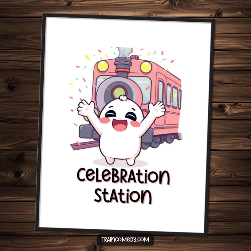 Funny digital art print of a character giggling with arms up, confetti raining from a train whistle, illustrating pure fun and excitement.