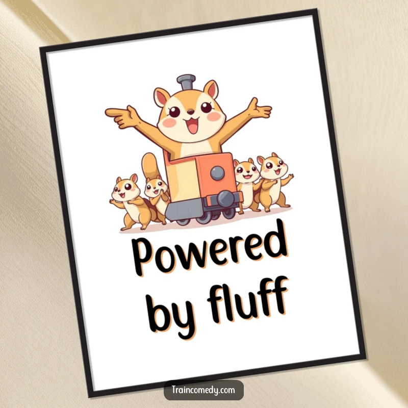 Funny digital art print of a train character with outstretched arms being pulled by flying squirrels, offering instant adventurous charm and whimsical fun to any digital display.