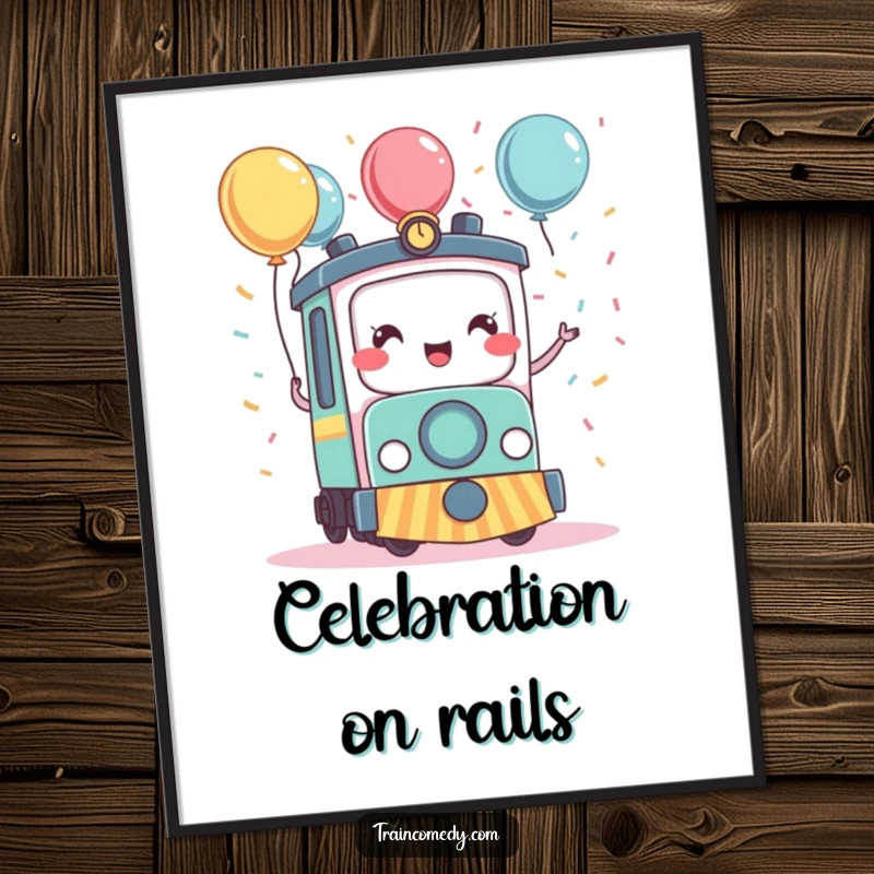 Funny kawaii train character joyfully celebrating with confetti and balloons, available as a digital art print for instant festive decor.