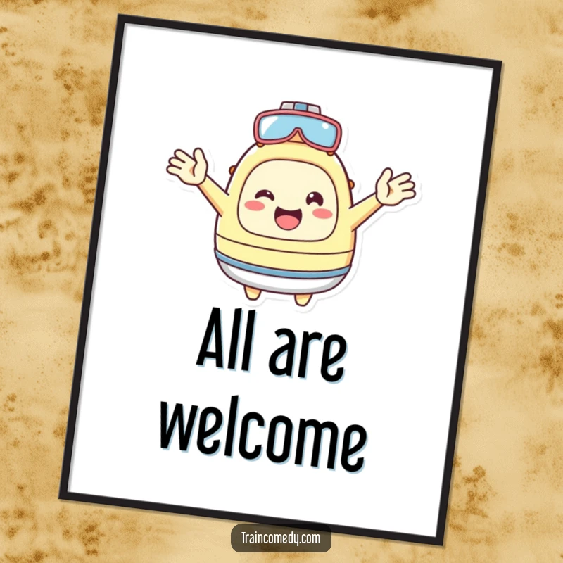 Funny Digital Art Print: Cheerful Kawaii character with open arms, inviting guests, creating a warm atmosphere, a fun gift.
