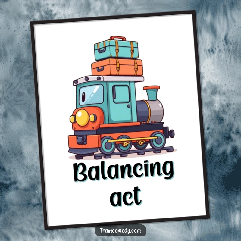 Funny digital art print of a playful train character humorously balancing a stack of tiny suitcases on its roof, for instant travel humor.
