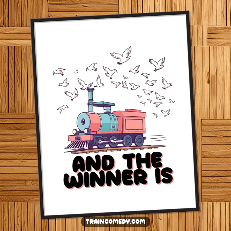 Funny train digital art print of a locomotive racing birds in the sky, a high-resolution humorous artwork for instant download.