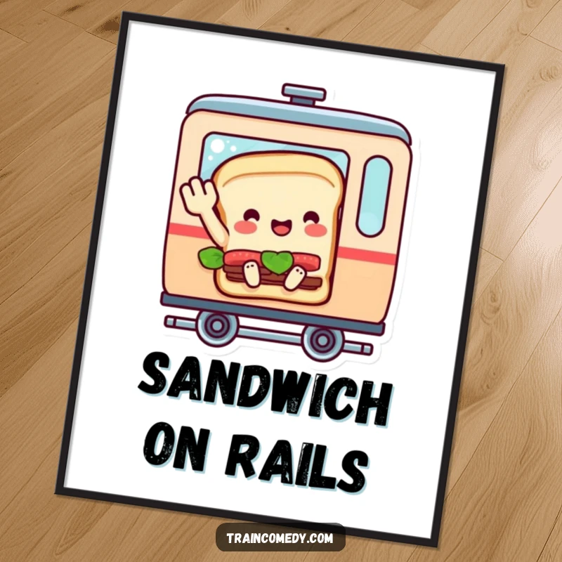 Funny digital art print of a sandwich character in a train car, waving goodbye with infectious cheer, bringing food and travel humor.