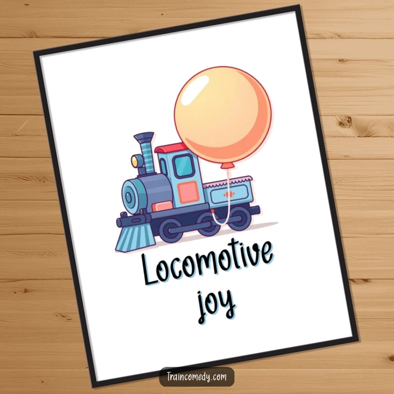 Funny train engine character with a large, bouncing balloon tied to its front, available as a high-resolution digital art print.