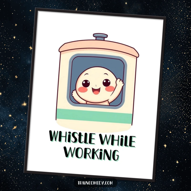 A cheerful, round character with a wide smile waving from a stylized train window, as a high-resolution digital art print for instant decor.