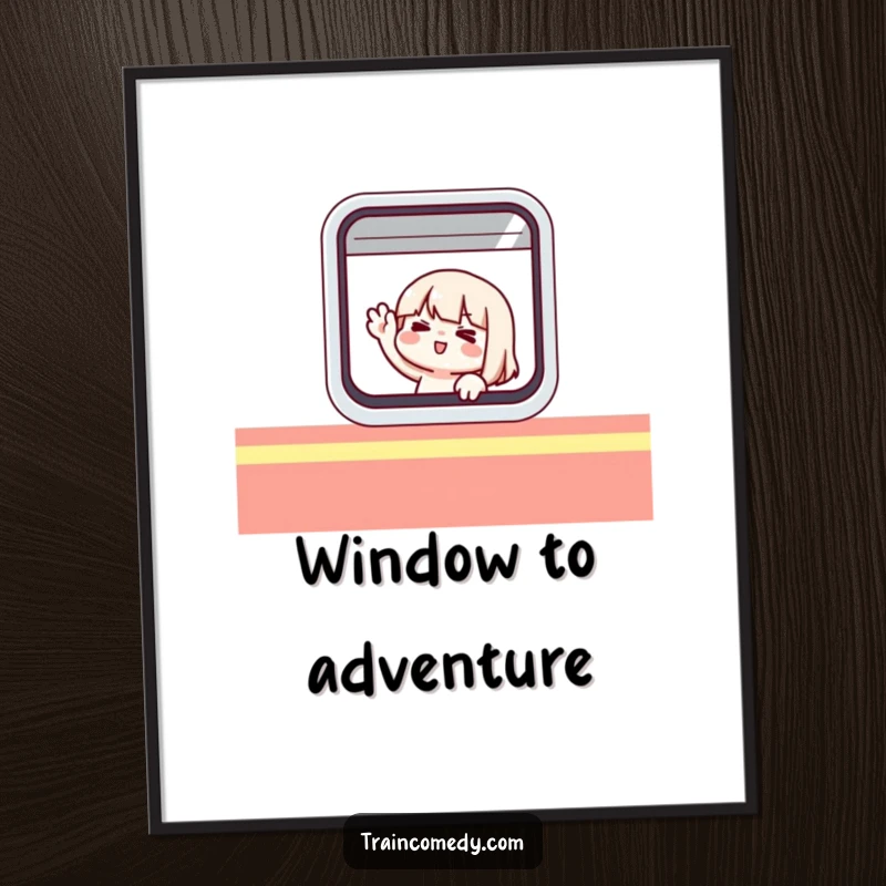 Funny digital art print of a cute character comically waving from inside a stylized train window, conveying joy.